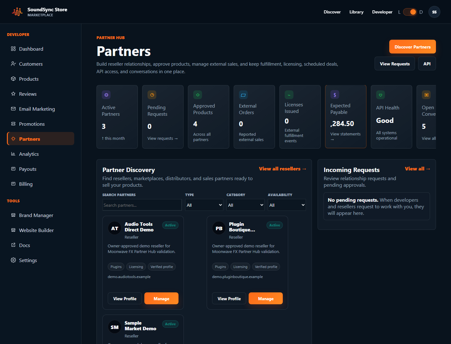 Dark-theme MoonWave dashboard screenshot showing partner reseller relationship context.