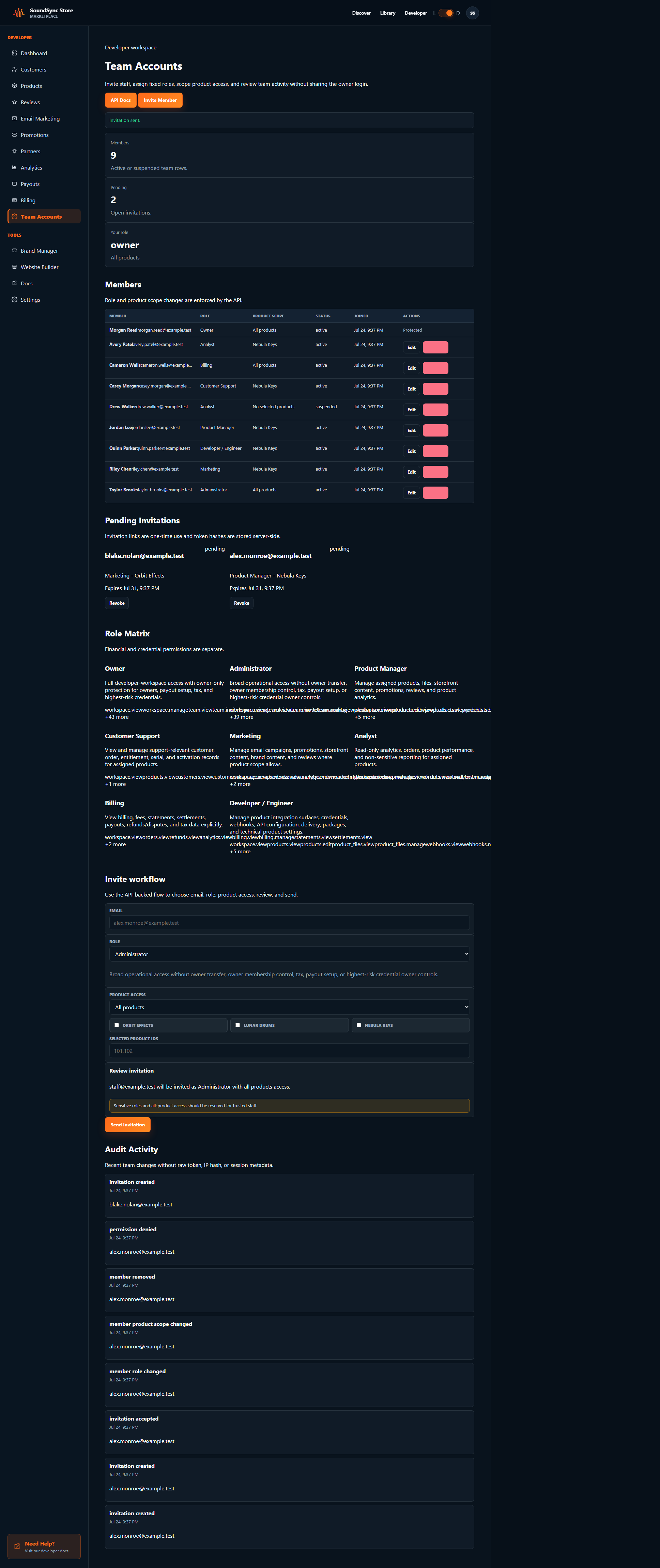 Dark-theme SoundSync Team Accounts product-scope change workflow.