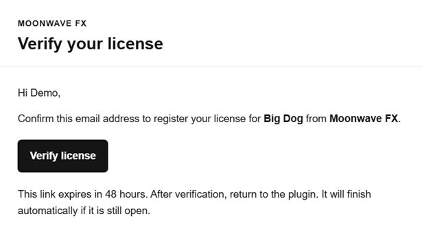 SoundSync email verification message for serial activation with demo customer wording.