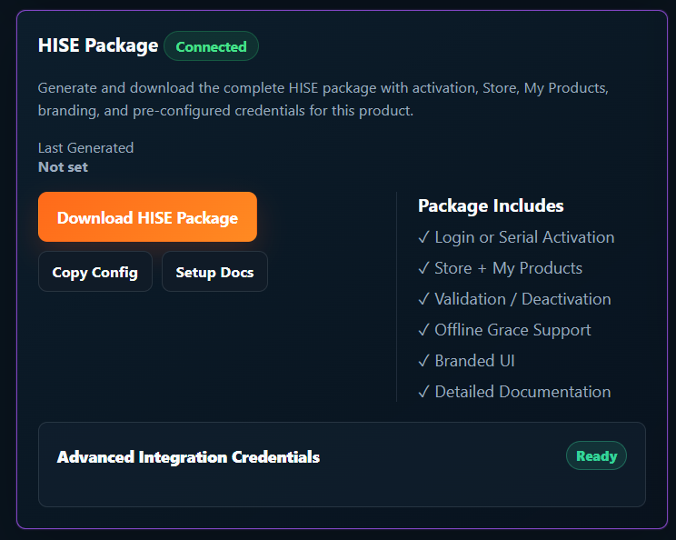 SoundSync HISE package panel showing REST API integration status, package download, config copy, and setup docs.