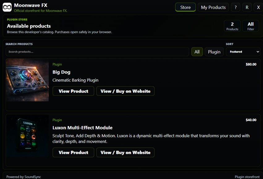 HISE in-plugin Store catalog showing product cards, categories, pricing, and cart access.