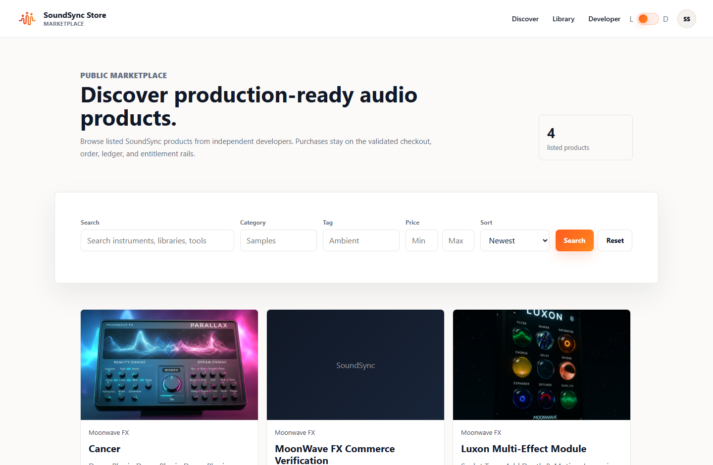 Live SoundSync customer marketplace listing showing all listed developer products, product search, filters, pricing, cart actions, and developer profile links.