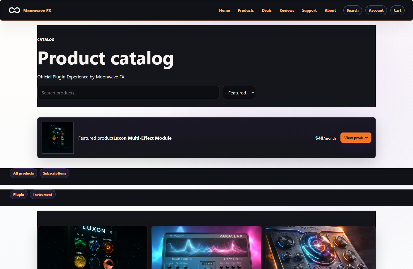 Live Moonwave FX storefront product catalog showing search, featured product, product media, subscription pricing, and product detail links.