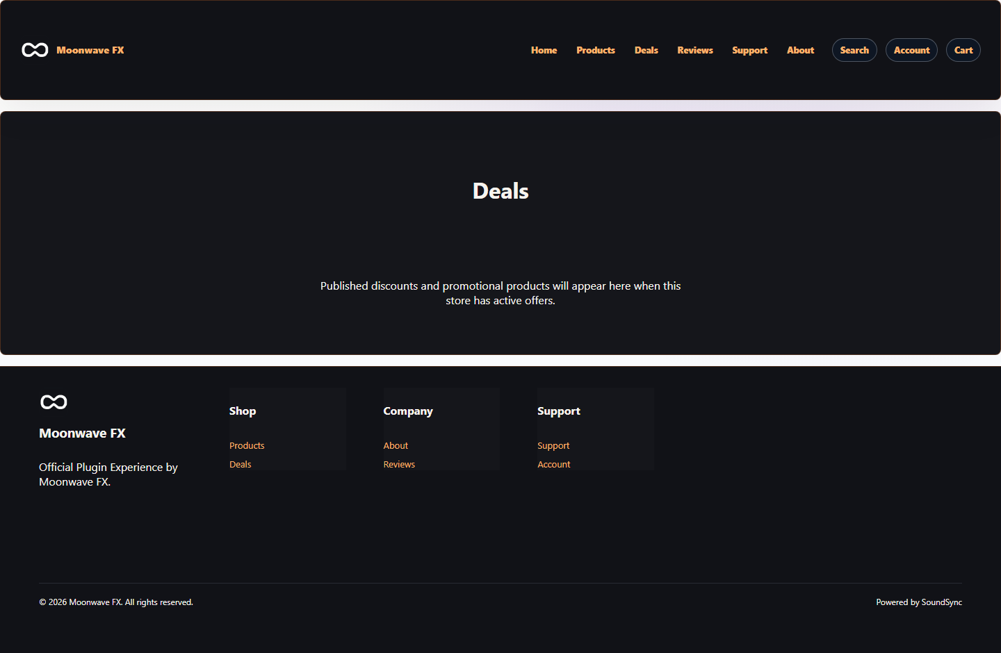 Live Moonwave FX storefront deals page showing where published discounts and promotional products appear.