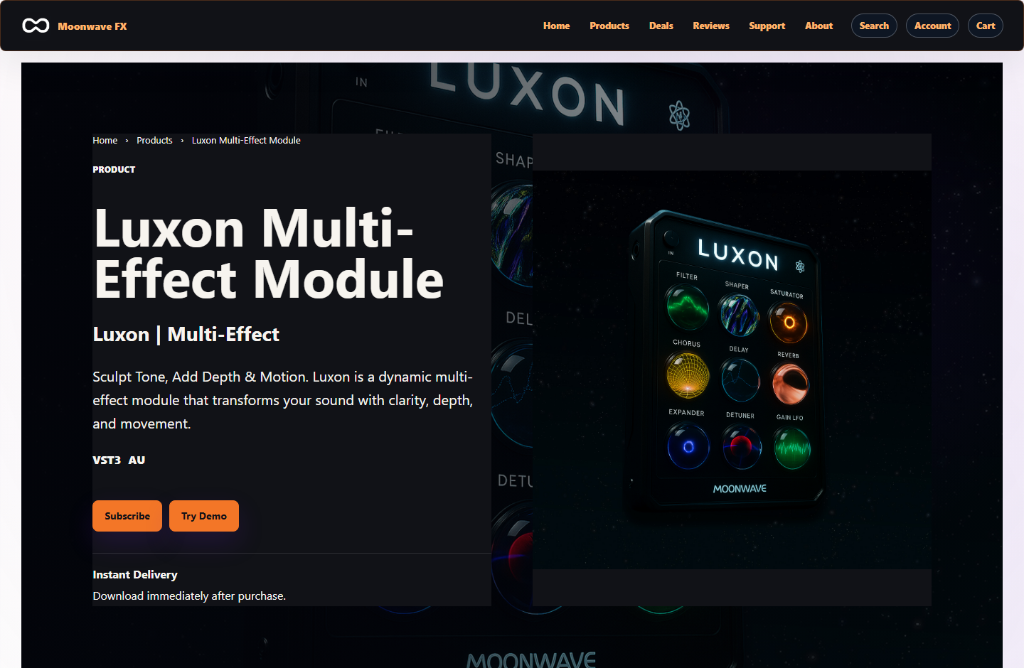 Live Moonwave FX Luxon product page showing product media, plugin description, formats, subscription action, and delivery notes.