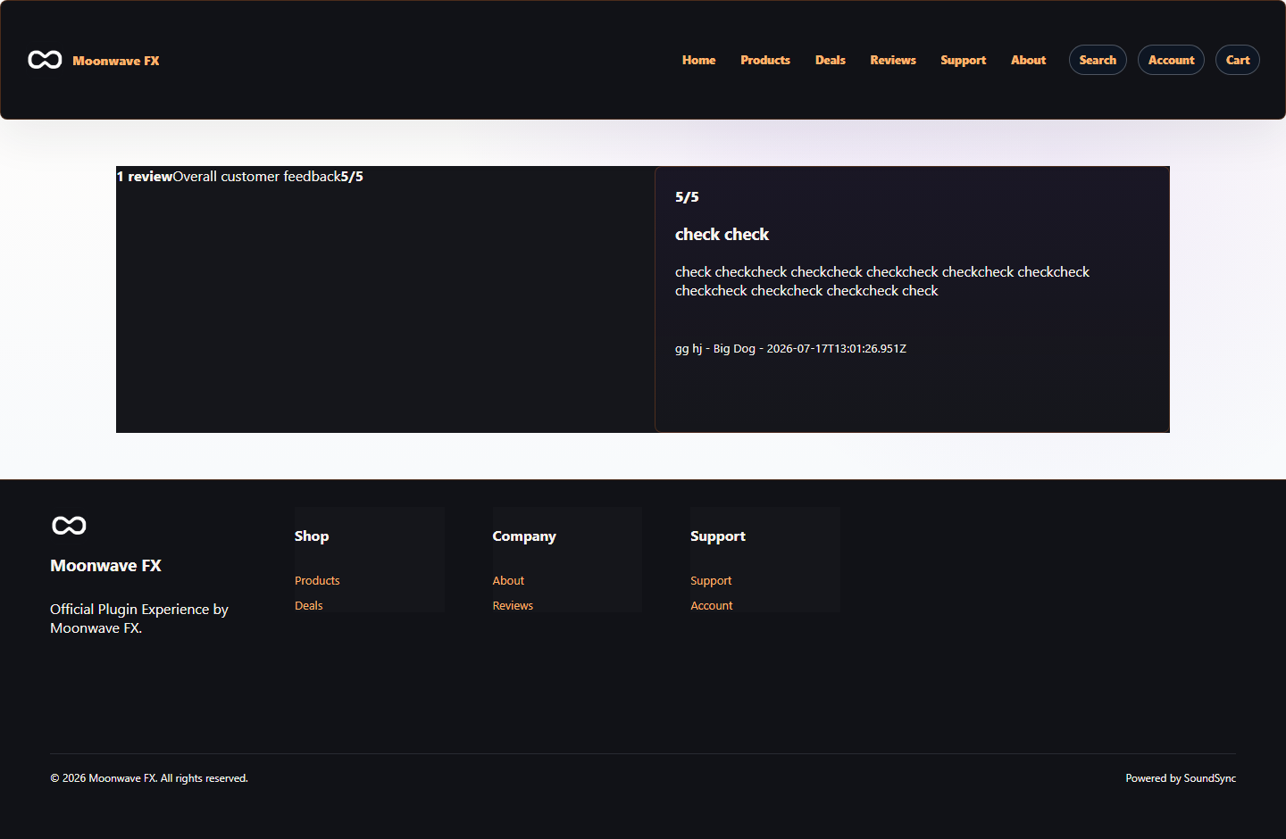 Live Moonwave FX storefront reviews page showing customer feedback presentation inside the storefront.